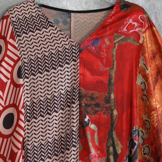 Unique v neck Batwing Sleeve chiffon Long Fashion Fabrics red print Maxi Dress Summer - Omychic