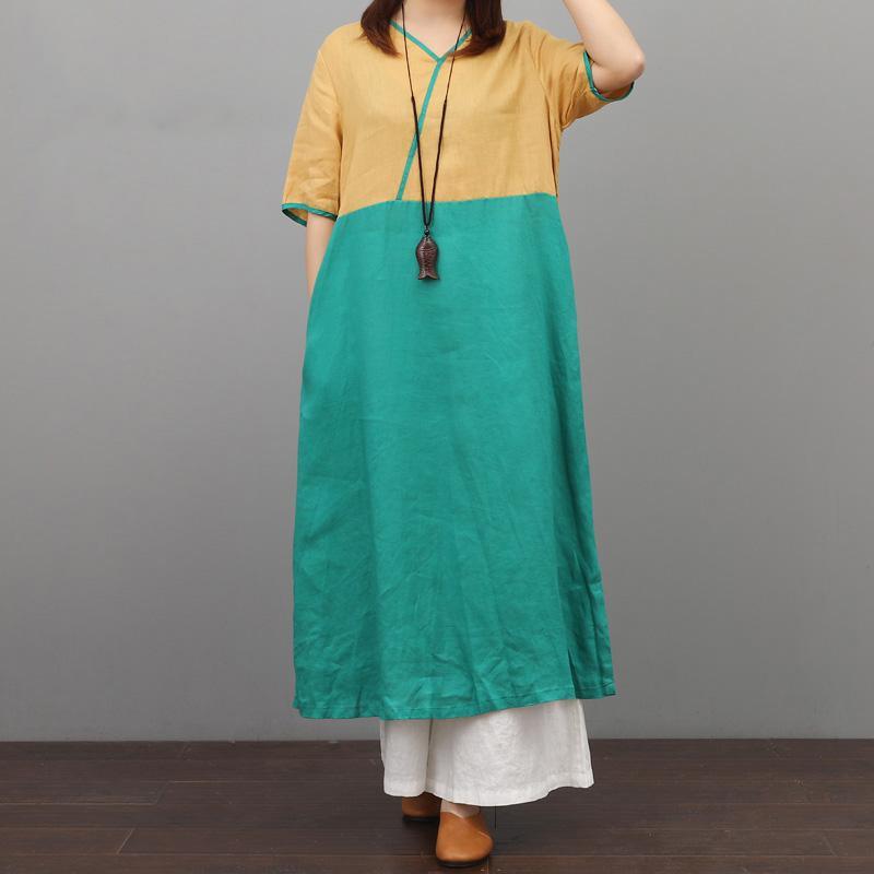 Unique v neck linen clothes Wardrobes yellow green patchwork Dresses summer - Omychic