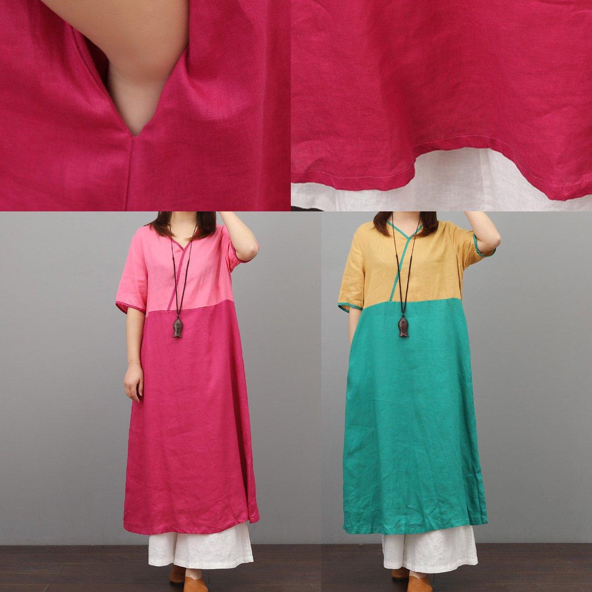 Unique v neck linen clothes Wardrobes yellow green patchwork Dresses summer - Omychic