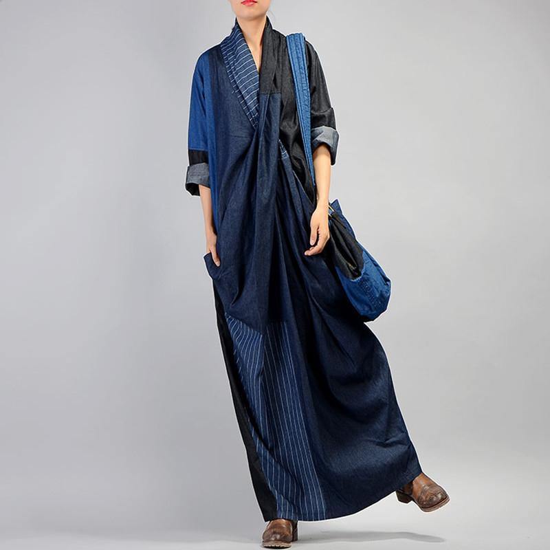 Unique v neck linen patchwork Robes Neckline denim blue Dresses - Omychic