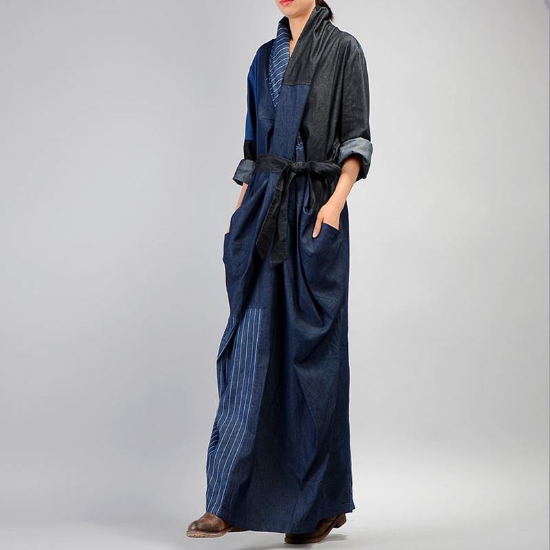 Unique v neck linen patchwork Robes Neckline denim blue Dresses - Omychic