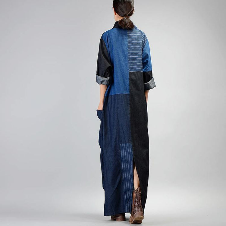 Unique v neck linen patchwork Robes Neckline denim blue Dresses - Omychic