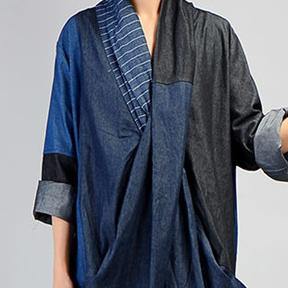 Unique v neck linen patchwork Robes Neckline denim blue Dresses - Omychic