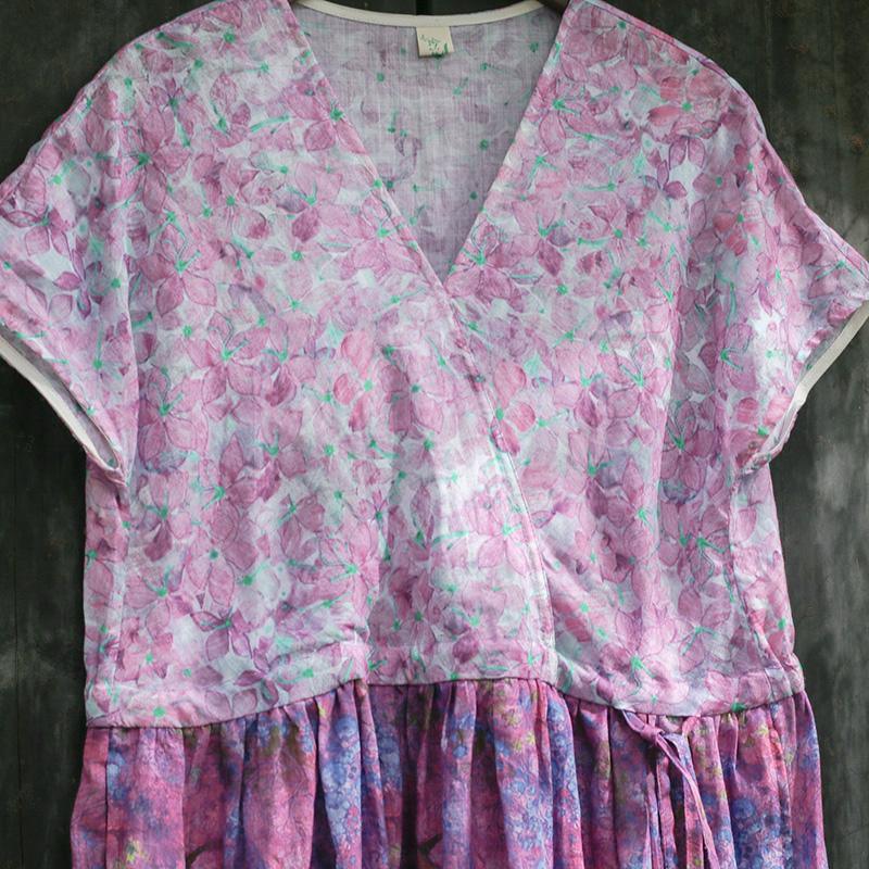 Unique v neck patchwork pockets linen clothes For Women Indian Neckline purple print Robe Dresses Summer - Omychic