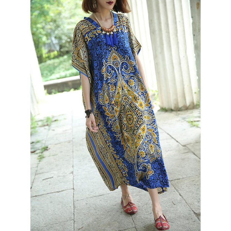 Unique v neck pockets summer tunics for women Work Outfits blue print Maxi Dress - Omychic
