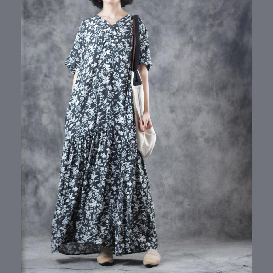 Unique v neck short sleeve cotton tunics for women Photography black print Robe Dress summer - Omychic