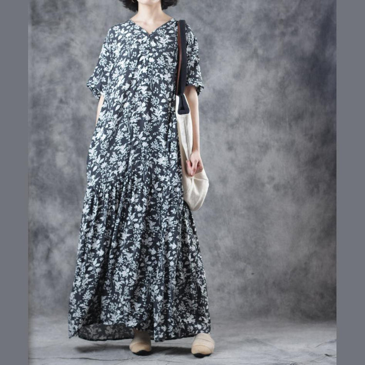 Unique v neck short sleeve cotton tunics for women Photography black print Robe Dress summer - Omychic