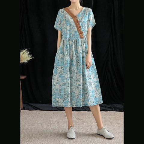 Unique v neck wrinkled linen clothes Inspiration beige print Dresses - Omychic