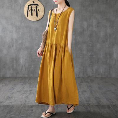 Unique yellow linen clothes For Women 2019 Women Linen Sleeveless Casual Summer Dress - Omychic