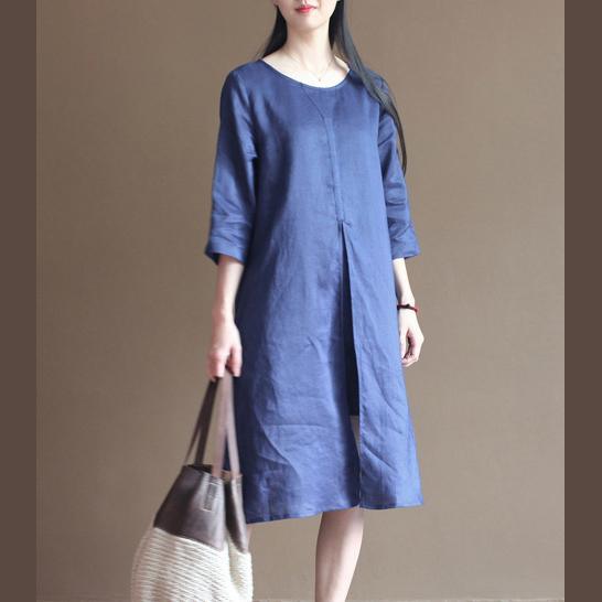 Unique Blue half sleeve linen sundress casual shift dresses - Omychic
