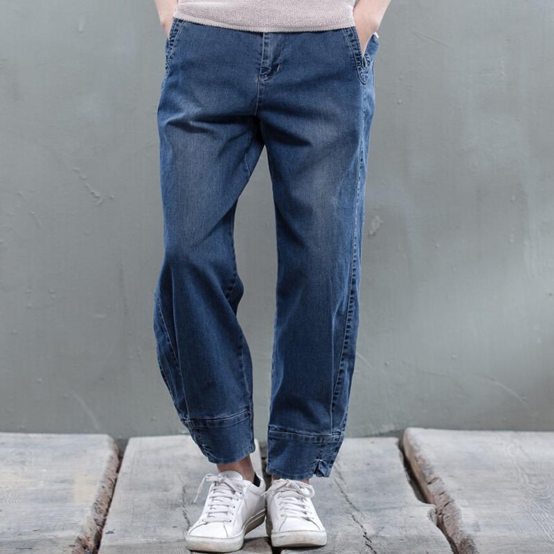 Unique cuff blue denim pants loose casual jeans plus size - Omychic