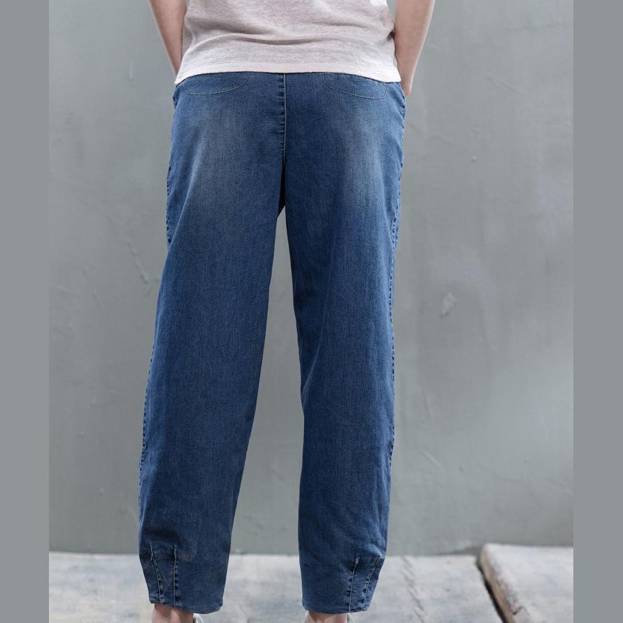 Unique cuff blue denim pants loose casual jeans plus size - Omychic
