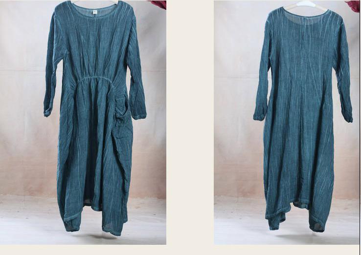 Unique drapping green linen dress maxi spring gown - Omychic