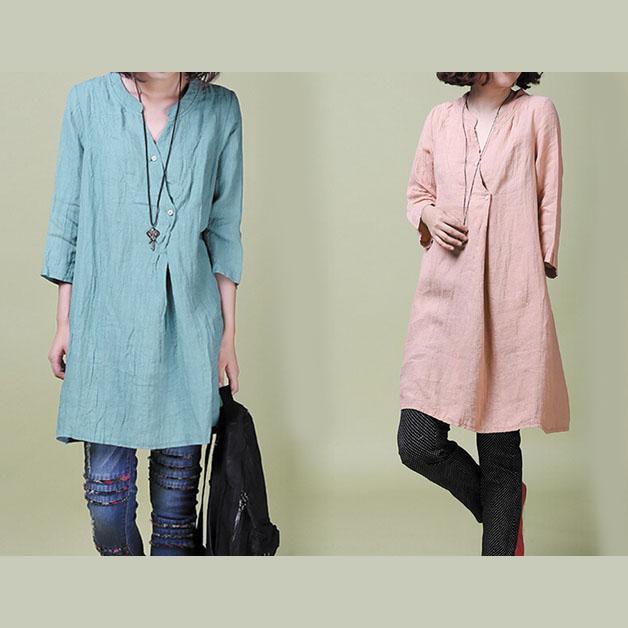 Unique half sleeve sundress linen shift dress blue - Omychic
