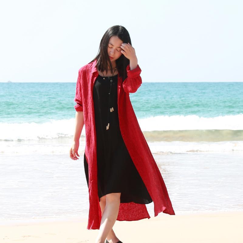 Unique red casual silk linen wrap coat jacquard vintage side open cardigans - Omychic