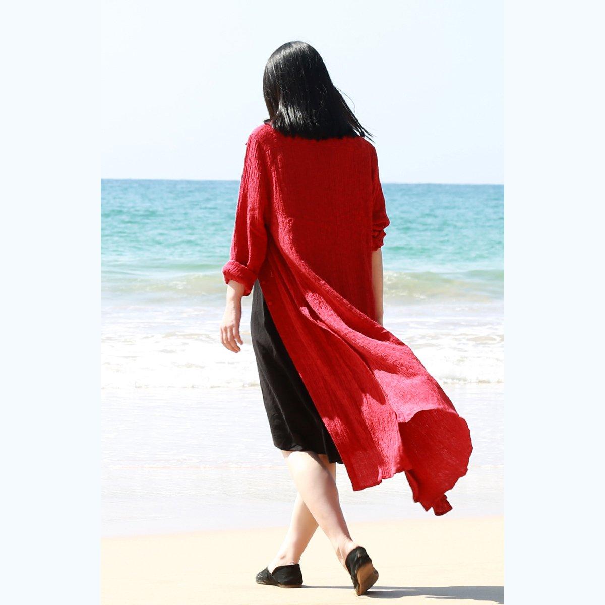 Unique red casual silk linen wrap coat jacquard vintage side open cardigans - Omychic