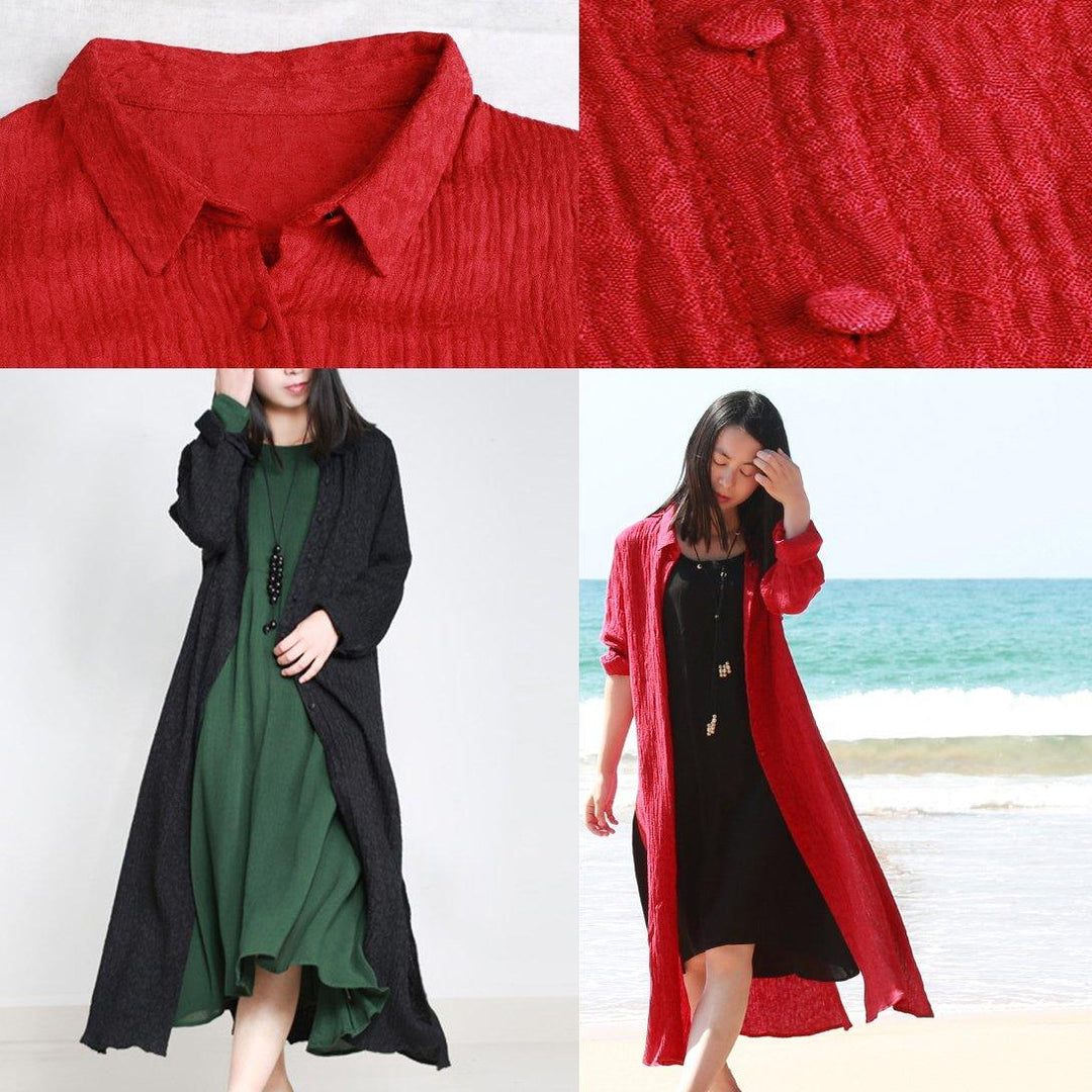 Unique red casual silk linen wrap coat jacquard vintage side open cardigans - Omychic