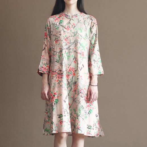 Unique wintersweet flower print linen dresses quiet cotton maxi dress - Omychic