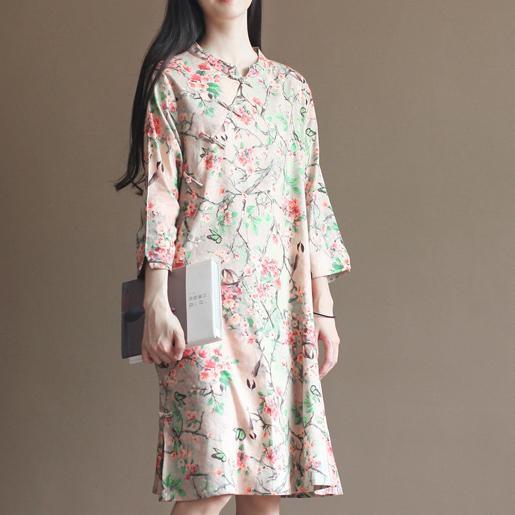 Unique wintersweet flower print linen dresses quiet cotton maxi dress - Omychic