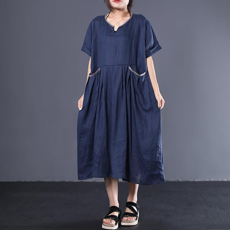 V-Neck Pleated Solid Color Loose Dress - Omychic