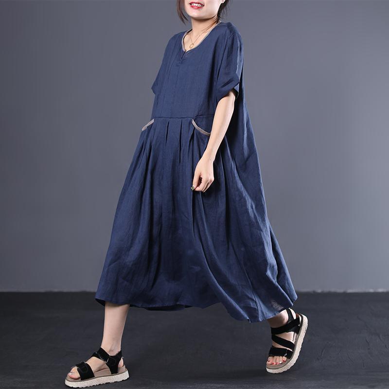 V-Neck Pleated Solid Color Loose Dress - Omychic