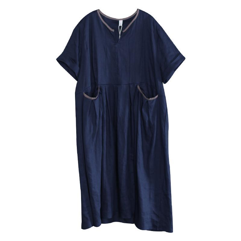 V-Neck Pleated Solid Color Loose Dress - Omychic