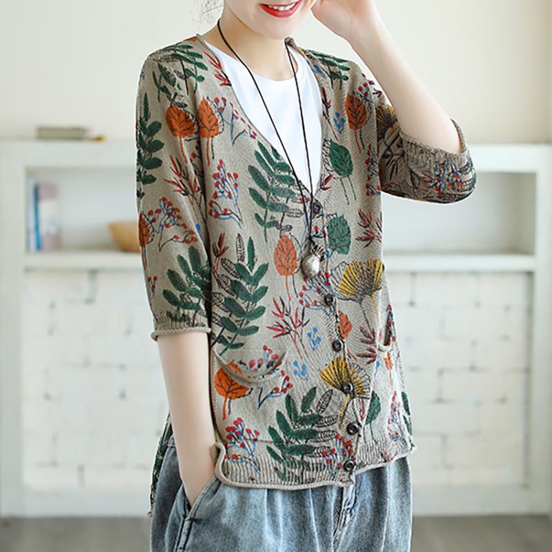 Leaf Print Half Sleeve Women Knit Shirt Top - Omychic