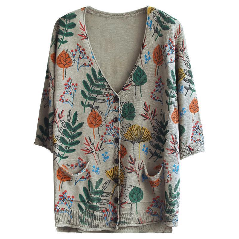 Leaf Print Half Sleeve Women Knit Shirt Top - Omychic