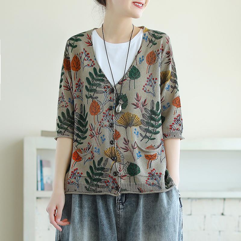 Leaf Print Half Sleeve Women Knit Shirt Top - Omychic