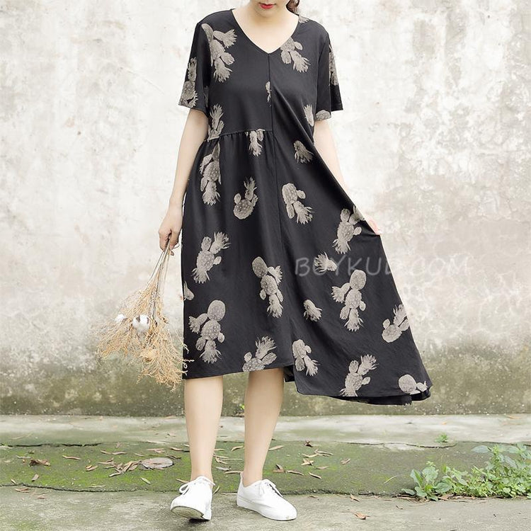 V-neck Loose Print Cotton Casual Summer Dress - Omychic