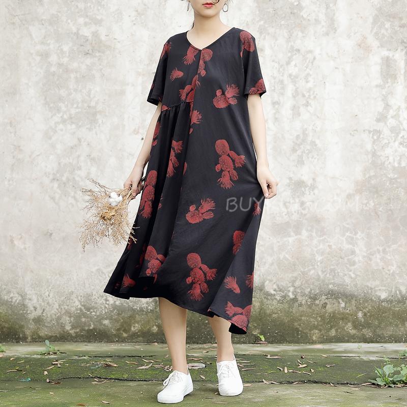 V-neck Loose Print Cotton Casual Summer Dress - Omychic