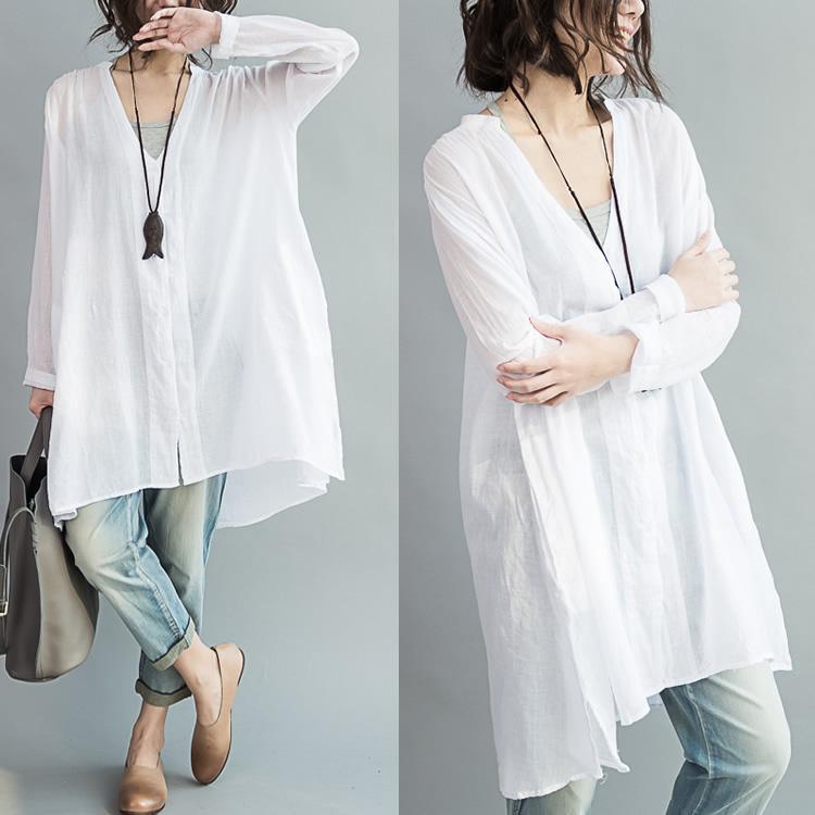 V neck oversize white cotton blouses tunic cotton dresses - Omychic