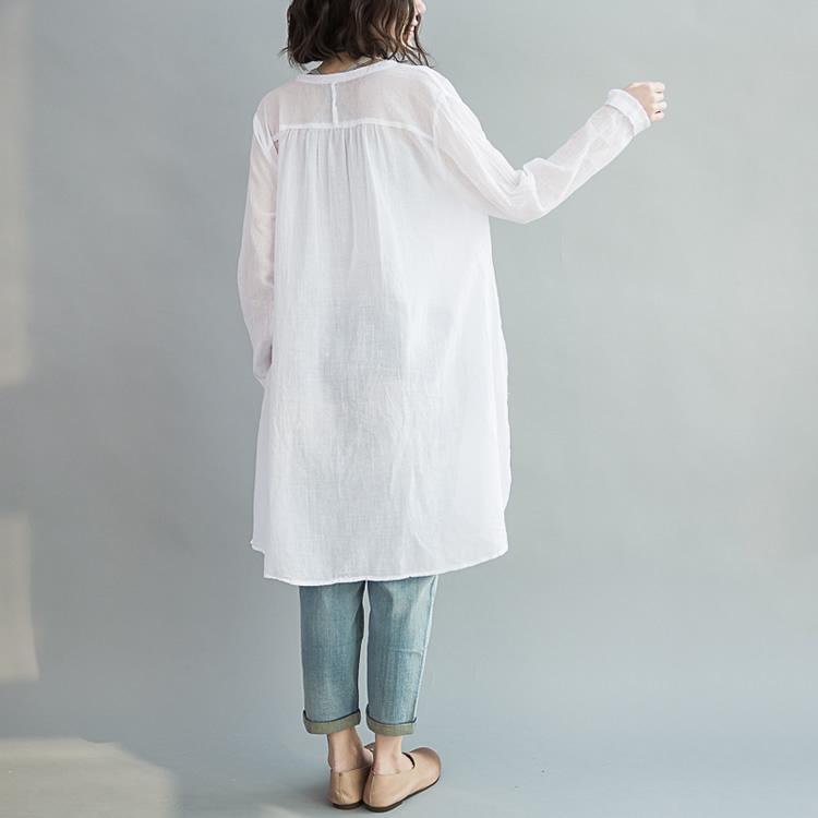 V neck oversize white cotton blouses tunic cotton dresses - Omychic