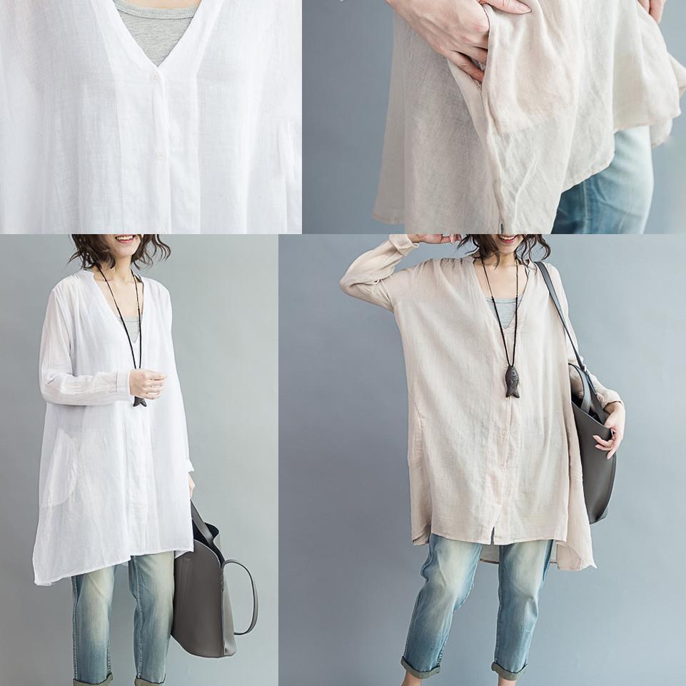 V neck oversize white cotton blouses tunic cotton dresses - Omychic