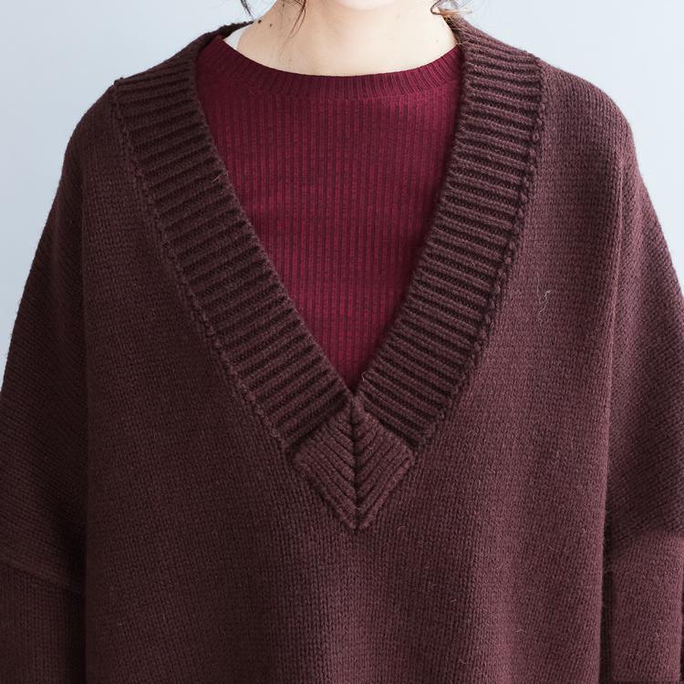 V neck plus size whiter cotton sweaters burgundy loose knit pullover - Omychic