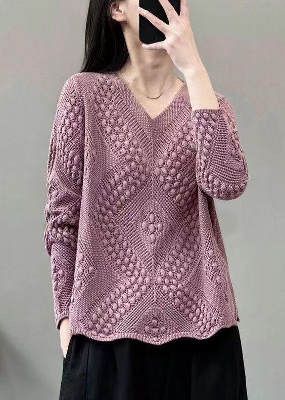 Versatile Purple Pink V Neck Knitting Cotton Sweaters Top Spring - Omychic