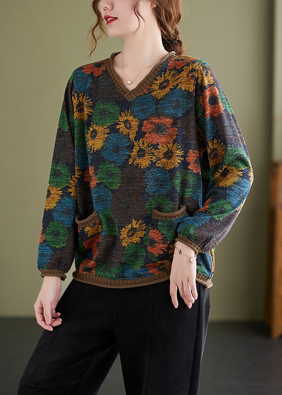 Versatile V Neck Print Pockets Knit Short Sweater Spring