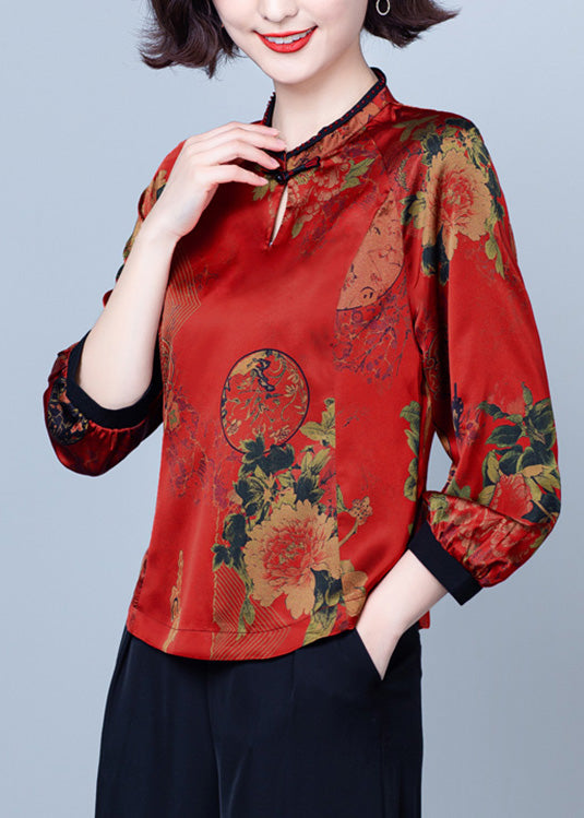 Vintag Red Stand Collar Print Button Silk Top Spring