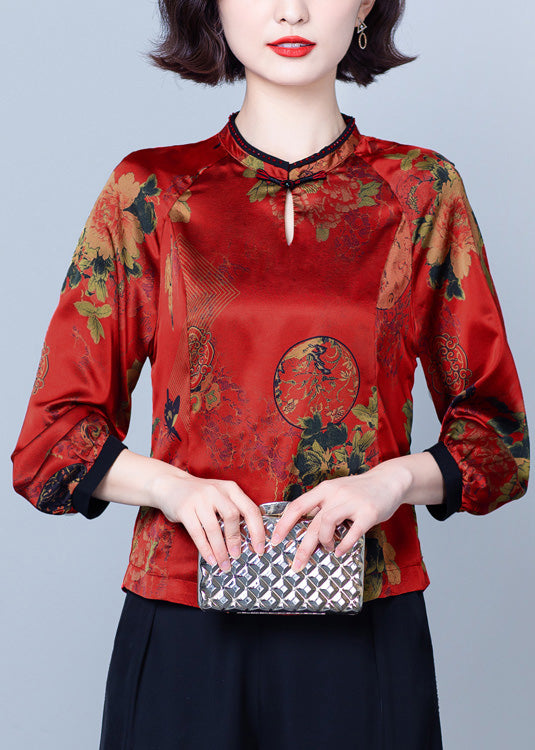 Vintag Red Stand Collar Print Button Silk Top Spring