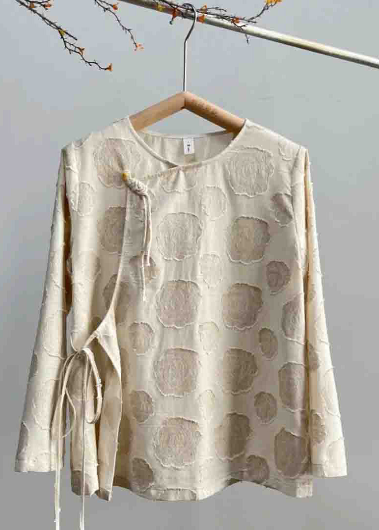 Vintage Apricot O-Neck Asymmetrical Button Tops Long Sleeve