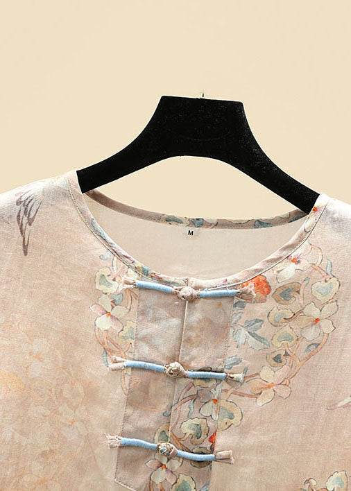 Vintage Apricot O-Neck Print Oriental Button Side Open Linen Tops Half Sleeve