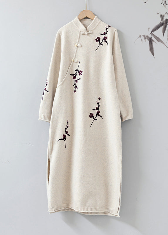 Vintage Apricot Stand Collar Embroideried Patchwork Woolen Knit Dress Fall