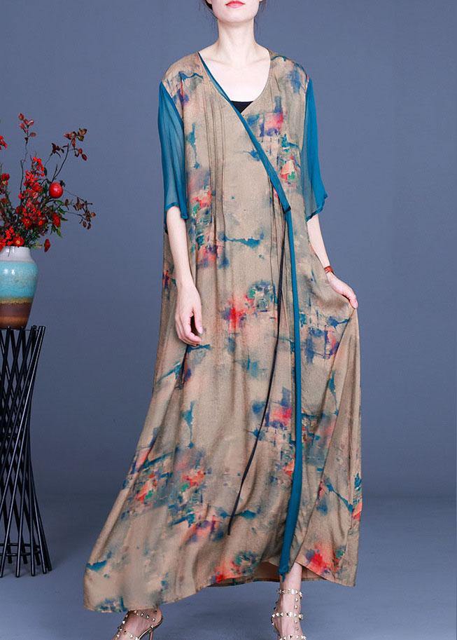 Vintage Apricot V Neck Print asymmetrical design Fall Holiday Dress Long sleeve - Omychic