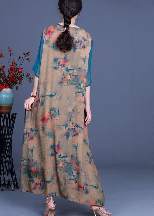 Vintage Apricot V Neck Print asymmetrical design Fall Holiday Dress Long sleeve - Omychic