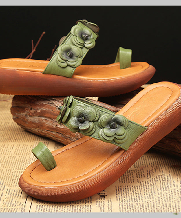 Vintage Army Green Cowhide Flower Splicing Peep Toe Slide Sandals