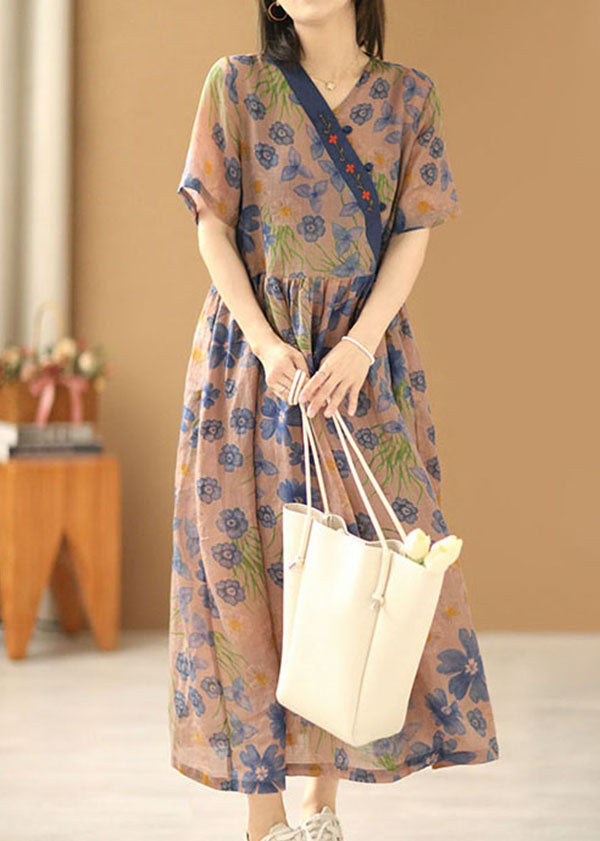 Vintage Asymmetrical Design Embroideried Print Linen Long Dress Short Sleeve