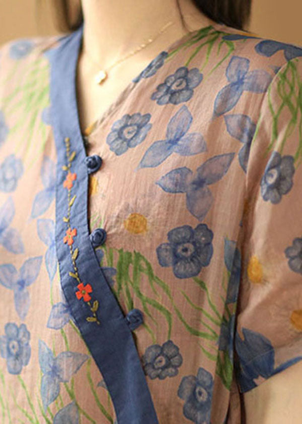 Vintage Asymmetrical Design Embroideried Print Linen Long Dress Short Sleeve