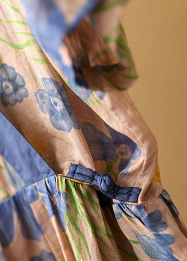 Vintage Asymmetrical Design Embroideried Print Linen Long Dress Short Sleeve