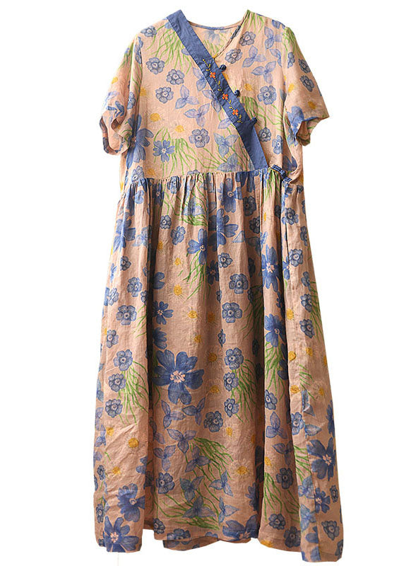 Vintage Asymmetrical Design Embroideried Print Linen Long Dress Short Sleeve