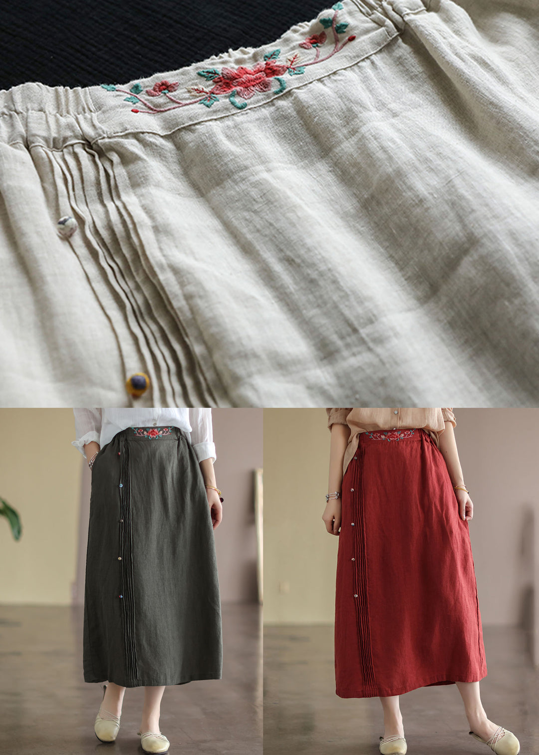 Vintage Beige Embroideried Pockets Patchwork Cotton Skirts Summer